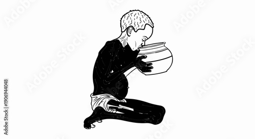 Person kneeling, drinking from a pot, minimalist drawing