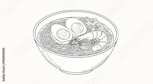 Hand-drawn illustration of a delicious bowl of ramen noodles with eggs and shrimp, a classic Asian dish.