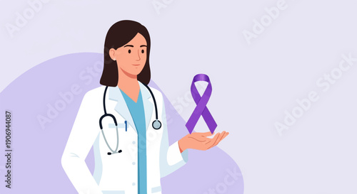 Medical professional offers purple awareness ribbon, representing support