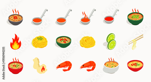 Set of isometric food icons: soup, noodles, shrimp, lime, ginger, chili, fire, and ladle
