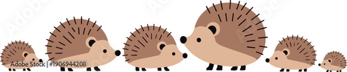 A row of cartoon hedgehogs of various sizes walking in a line, illustration, white background, side view