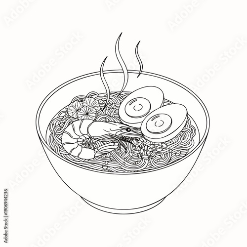 Hand-drawn illustration of a steaming bowl of ramen noodles with shrimp, egg, and garnishes, perfect for food blogs and culinary art.