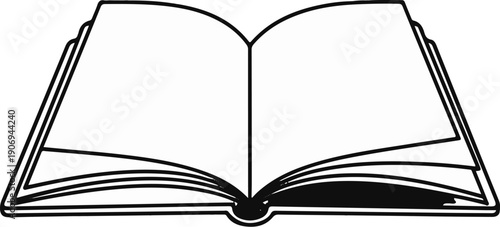 Open book with thick cover and fanned pages, black outline on white