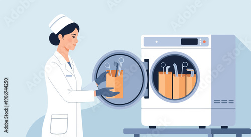 Medical professional sterilizing instruments in an autoclave for hygiene