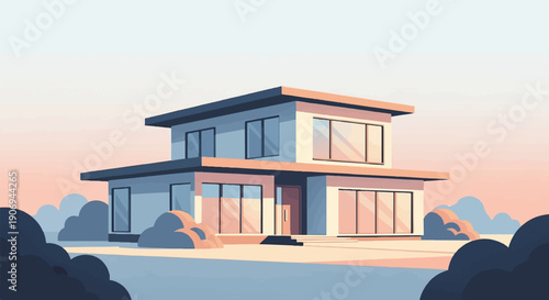 Modern two-story house with large windows and surrounding bushes at dusk