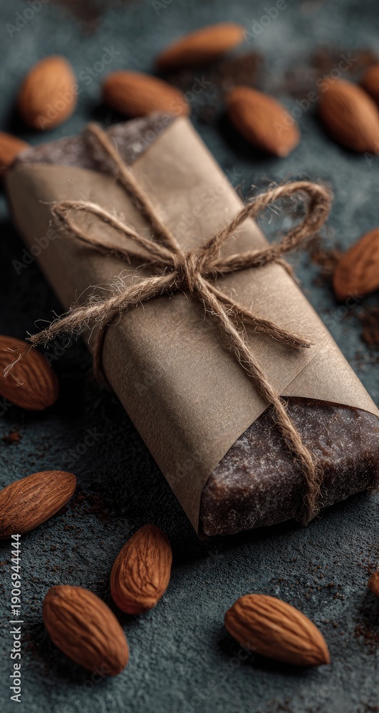 Fototapeta premium Dark chocolate almond energy bar wrapped in kraft paper tied with twine