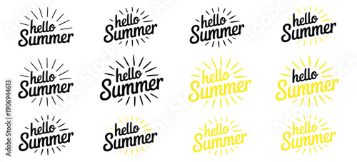 Hello Summer Banner Set with Sunburst – Hand Lettering Summer Vector Illustration.