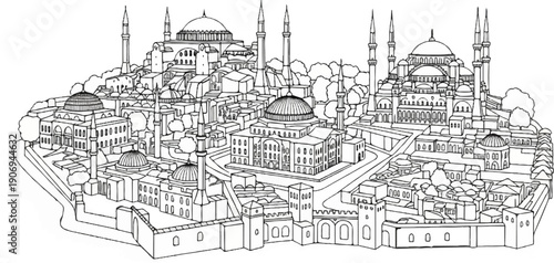 Ornate domes and minarets rise from a detailed architectural cityscape