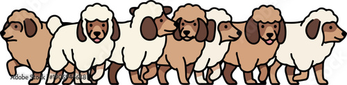 A row of sheep walking in a line from left to right in a simple illustration style