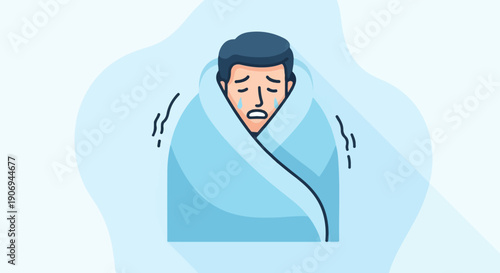 Person wrapped in a blue blanket, crying and shivering