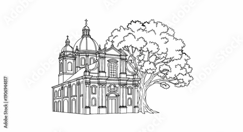 Ornate structure with domes and arched windows beside a large leafy tree