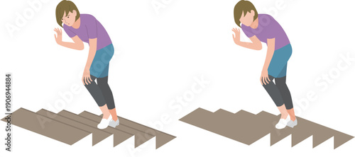 階段を昇る時、膝が痛むシニア女性のイラスト
