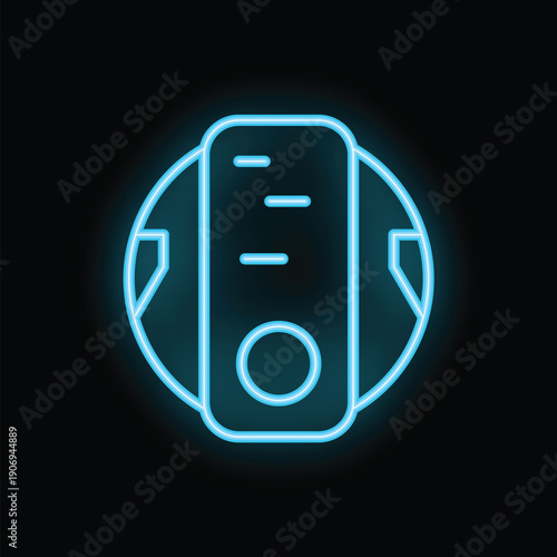 Glowing blue neon icon of a self balancing personal transporter on a black background