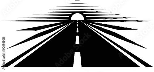 Perspective road disappearing into a tunnel under a stylized sky