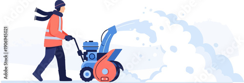 Person operating a snow blower on a white background