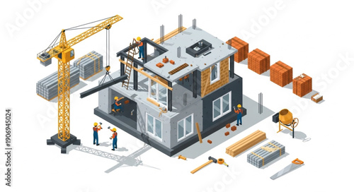 Construction site with crane and building in progress.