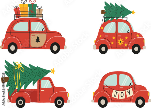 Cute Christmas cars illustration set with gifts and trees on roof, festive holiday vehicles, adorable kids cartoon winter vector design