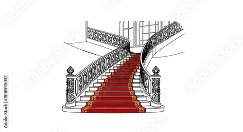 Ornate staircase with red carpet and decorative railing