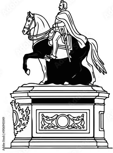 Monochromatic equestrian statue on a decorated pedestal, a historical representation