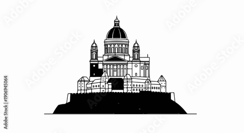 Ornate dome atop a grand edifice, fortified by battlements