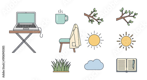 Cozy Outdoor Workstation: Laptop, Coffee, Nature Elements, Sunny Day