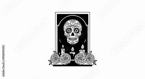 Ornate skull with flowers and candles within an arched frame