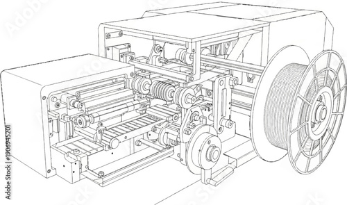 Mechanical device with rollers, gears, and a spool for processing material