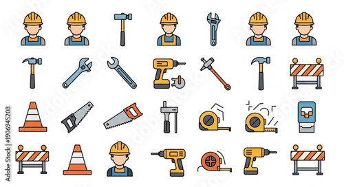 Construction tools and workers illustration set.