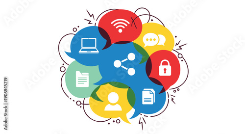 Vector social media icons, technology symbols, communication bubbles, for website or app UI, isolated on transparent background, png