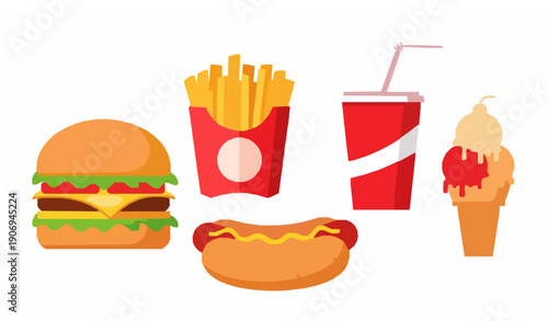 Flat Fast Food Vector Illustration Set with Burger Fries Soda and Ice Cream