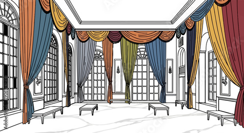 Ornate room interior with tall windows and colorful draped curtains