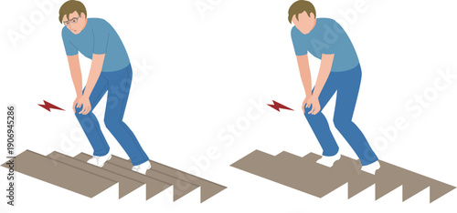 階段の昇る時、膝が痛むシニア男性のイラスト