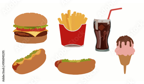 Realistic Fast Food Vector Icons Set with Burger Fries Hot Dog and Ice Cream