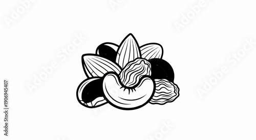 Pile of assorted nuts and dried fruit in a black and white sketch