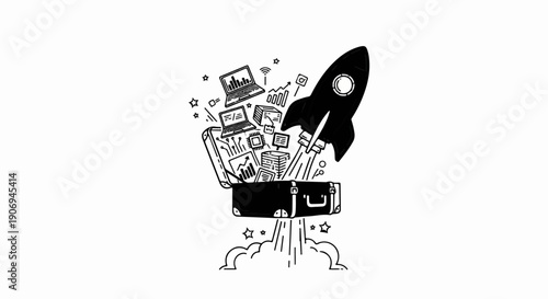 Open suitcase launching a rocket with data, laptops, and circuits