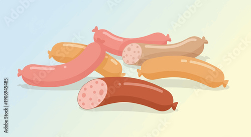 Pile of colorful sausages with visible cross-sections on a gradient background