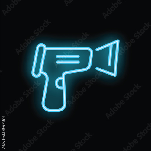 Neon icon of a barcode scanner emitting a beam of light on a black background