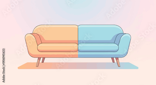 Minimalist sofa with half orange and half blue upholstery, on a pale background