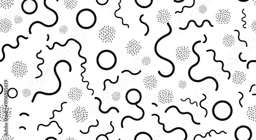 Black and grey squiggly lines, circles, and floral patterns seamless texture, background overlay for website, banner, or presentation