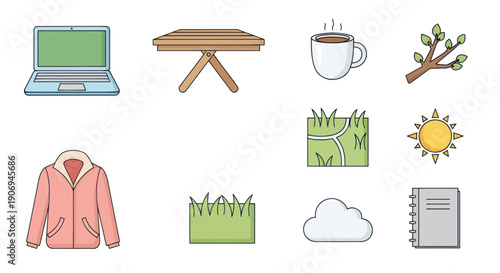 Outdoor Work & Leisure Icons: Laptop, Coffee, Jacket, Nature Elements