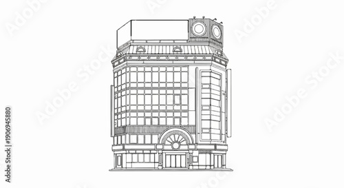 Ornate, multi-story building sketch with arched entryway and prominent signs