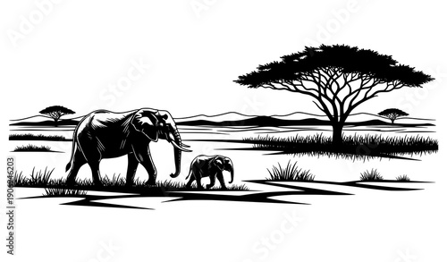 Detailed savanna landscape silhouette of elephant and calf walking with acacia tree vector