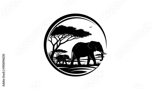 Elephant and calf savanna silhouette emblem vector with acacia tree for wildlife design
Keywords (30):