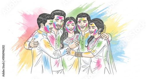Happy Indian friends celebrating Holi festival with colorful powder illustration of joy and togetherness traditional Indian culture concept