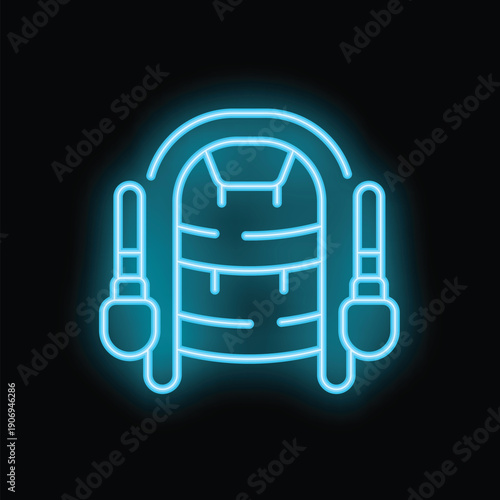 Blue glowing neon sign representing snow tubing equipment, a fun winter leisure activity, on a dark background