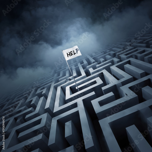 Dramatic 3D concept of confusion and seeking help: towering maze walls under misty sky with white HELP flag rising from the center — symbol of struggle and solution search.