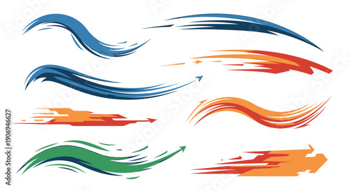 Colorful brush stroke arrows, motion graphic elements, for banner or poster design, isolated on transparent background, png