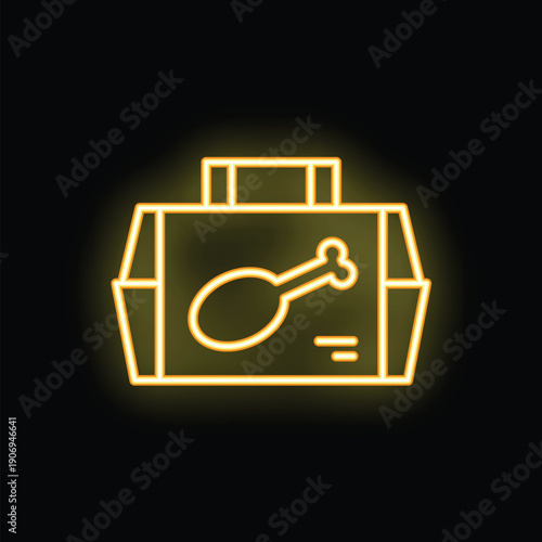 Yellow glowing neon sign representing a take away food box with a chicken leg, ideal for restaurants and food businesses