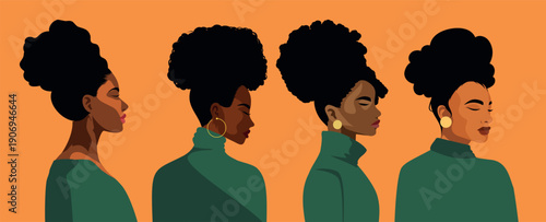 Stylish vector illustration of four African-American women avatar in profile, sporting different Afro hairstyles on an orange background. For topics related to diversity, beauty, fashion, Women's Day