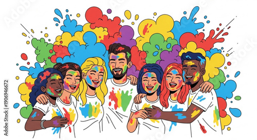 Diverse group of friends celebrating Holi festival with colorful powder paint joyful faces and vibrant splashes concept of unity and fun